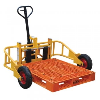 Rough terrain pallet jack with orange pallet