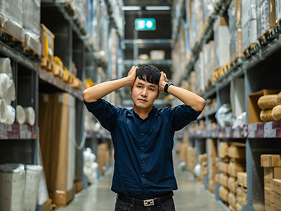 Man with hands on his head, looking frustrated in front of a large warehouse filled with inventory, representing challenges in managing warehouse operations and inventory control.