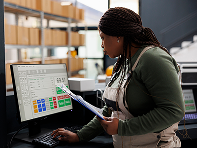 Image of woman standing in front of a computer inputting specific information for inventory held within a warehouse. Computer image showcases warehouse management system. 