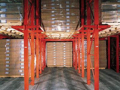Drive-in pallet racking in a warehouse.