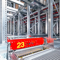 A pallet shuttle inside pallet rack system