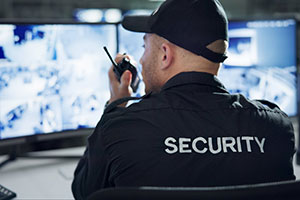 Warehouse security guard watches surveillance cameras and communicates over a radio.