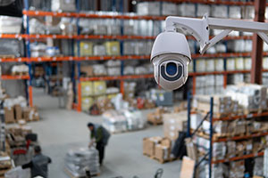 Security camera overlooking a warehouse floor.